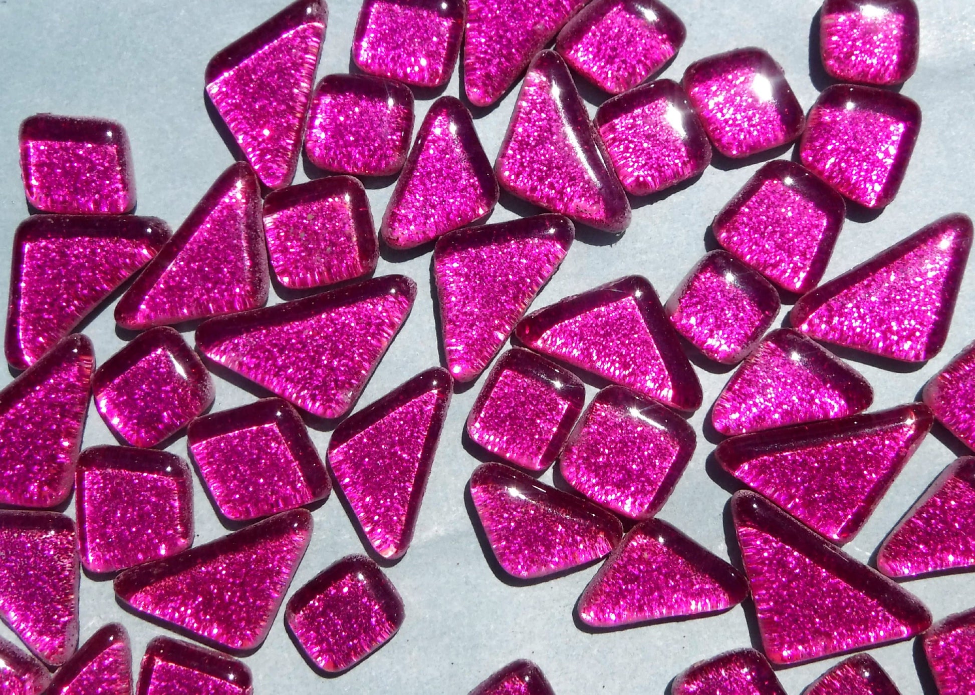 Dark Pink Glitter Puzzle Tiles - 100 grams in Assorted Shapes Glass Mosaic Tiles in Fuchsia