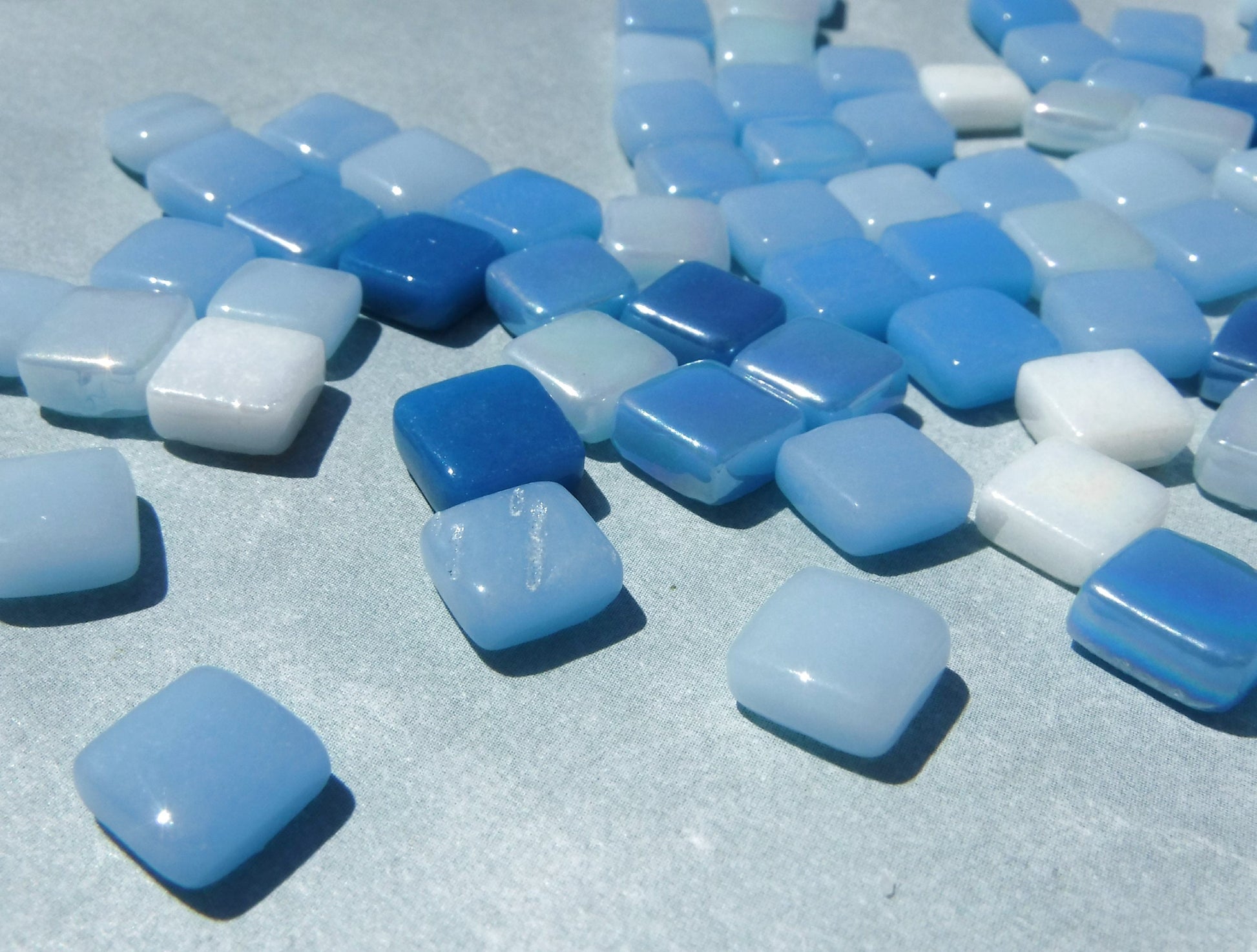 Blue Water Mix Mini Glass Tiles - 8mm Square - 50 grams Opaque Glass Solid Color Mix of Bright and Pale Iridescent and Matte Tiles