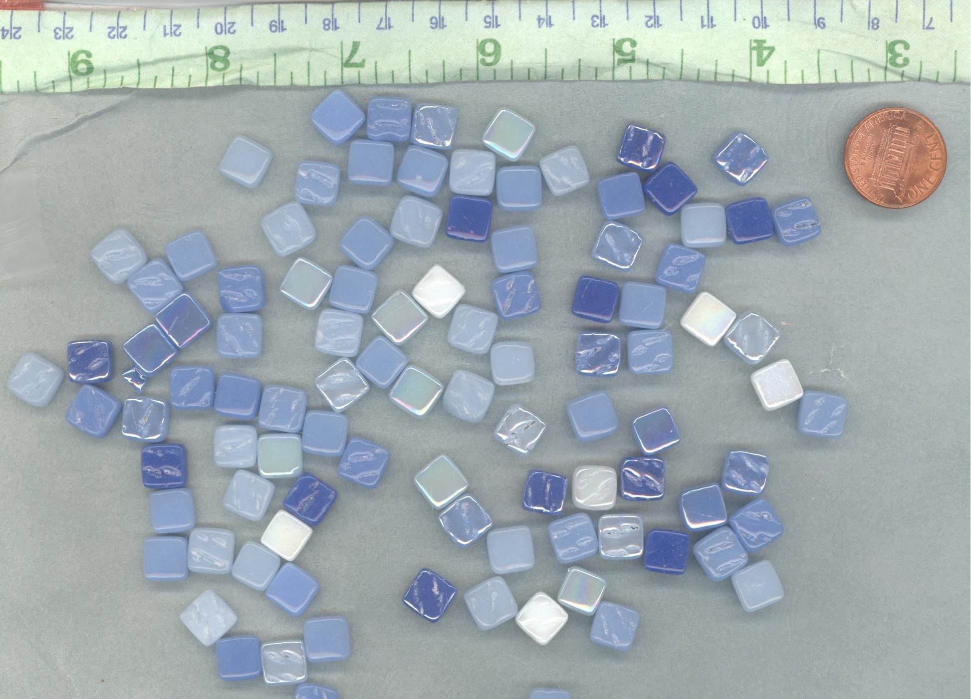 Blue Water Mix Mini Glass Tiles - 8mm Square - 50 grams Opaque Glass Solid Color Mix of Bright and Pale Iridescent and Matte Tiles