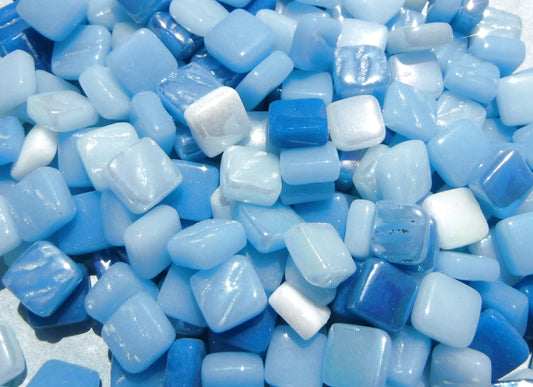 Blue Water Mix Mini Glass Tiles - 8mm Square - 50 grams Opaque Glass Solid Color Mix of Bright and Pale Iridescent and Matte Tiles