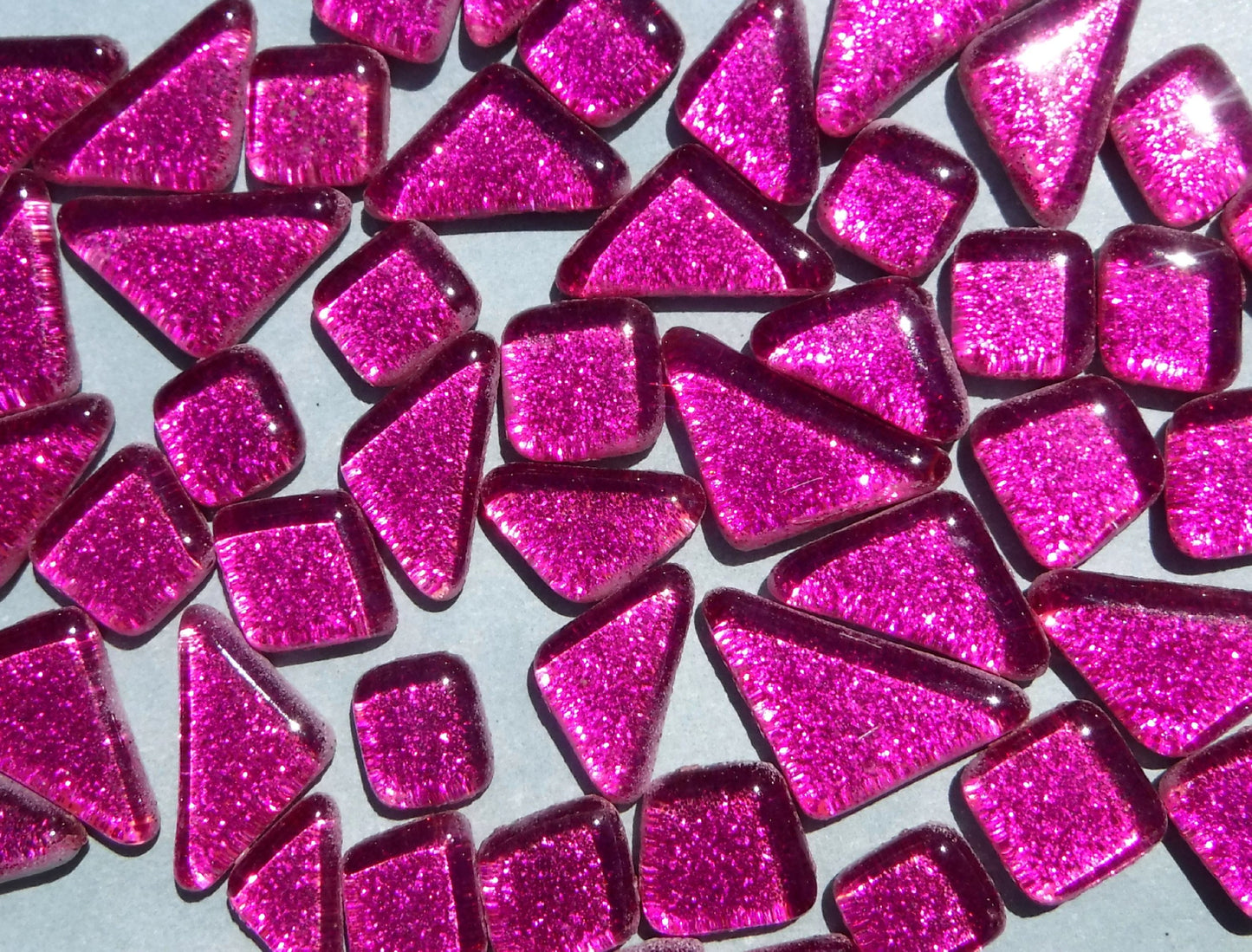 Dark Pink Glitter Puzzle Tiles - 100 grams in Assorted Shapes Glass Mosaic Tiles in Fuchsia