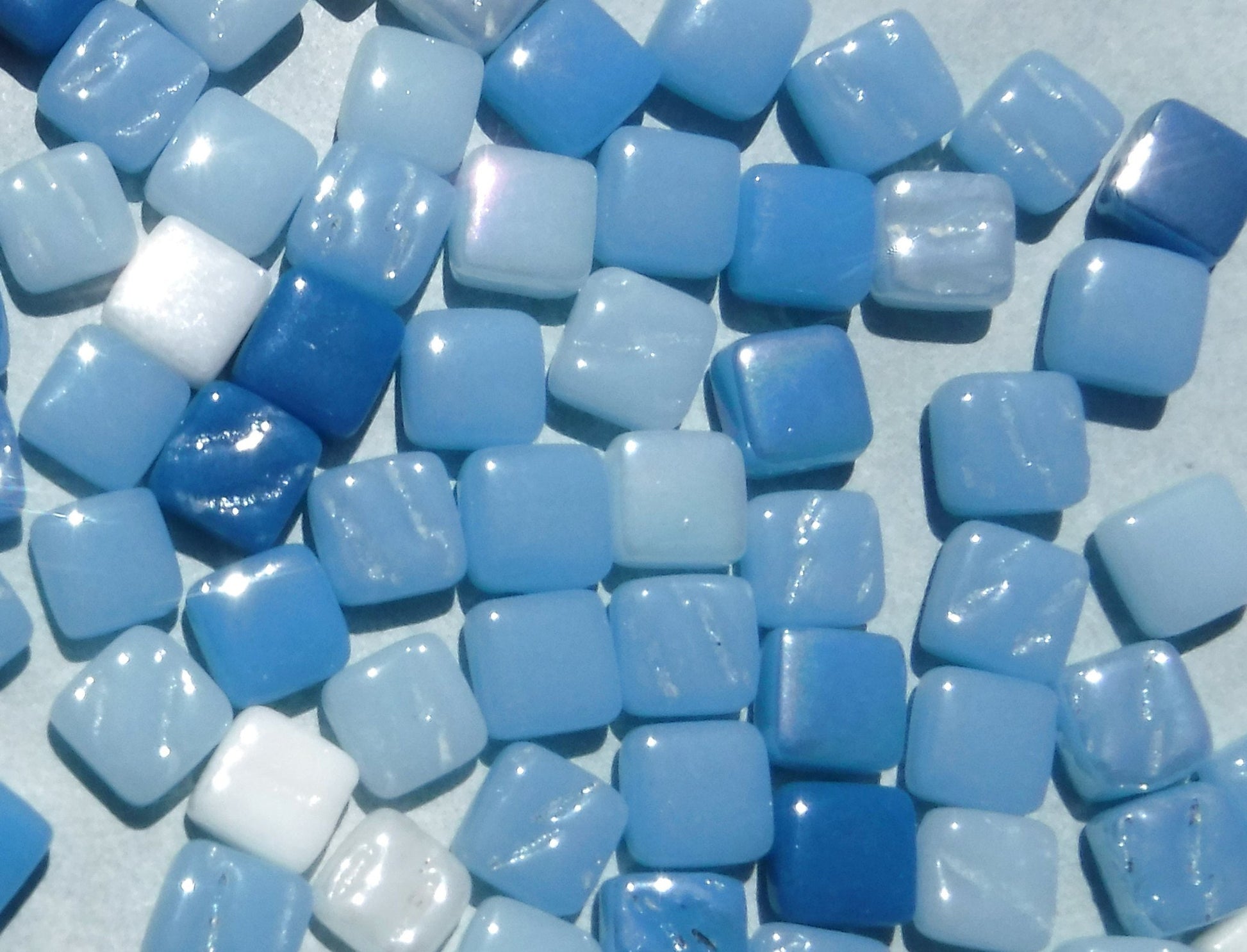 Blue Water Mix Mini Glass Tiles - 8mm Square - 50 grams Opaque Glass Solid Color Mix of Bright and Pale Iridescent and Matte Tiles