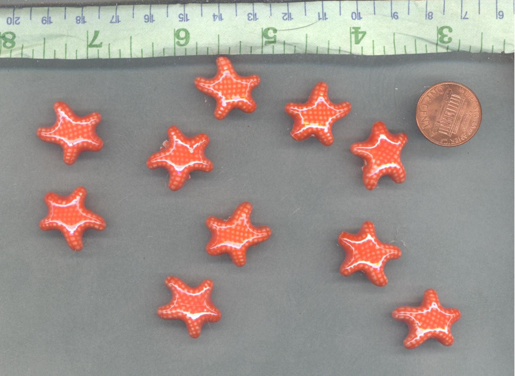 Orange Starfish Beads - Ceramic Mosaic Tiles - 10 Puffy Sea Stars - Jewelry Supplies