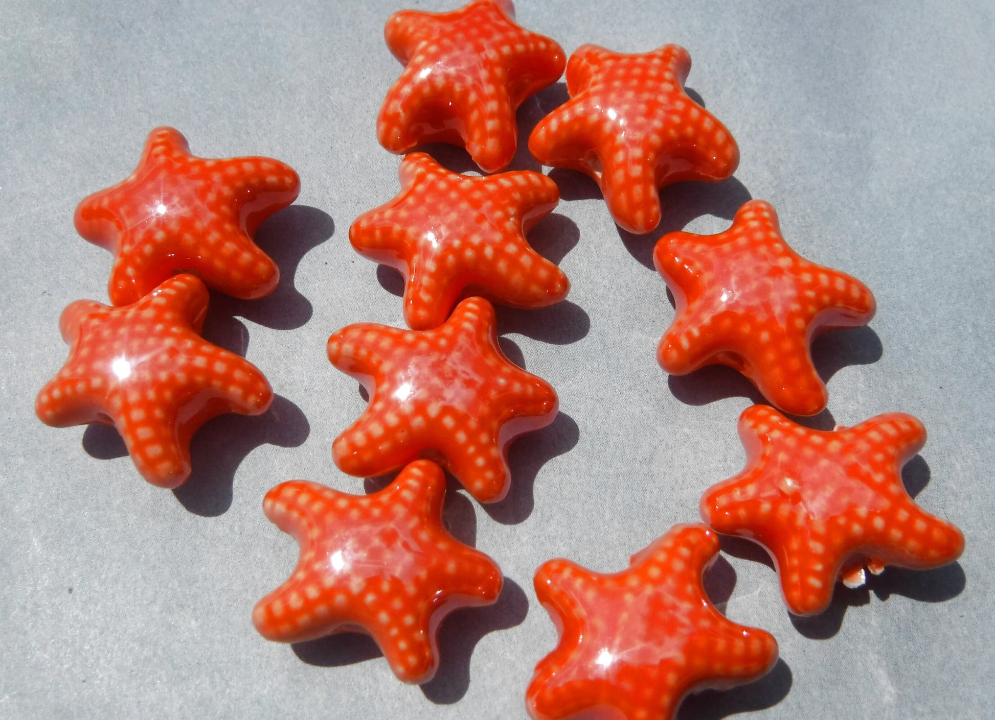 Orange Starfish Beads - Ceramic Mosaic Tiles - 10 Puffy Sea Stars - Jewelry Supplies
