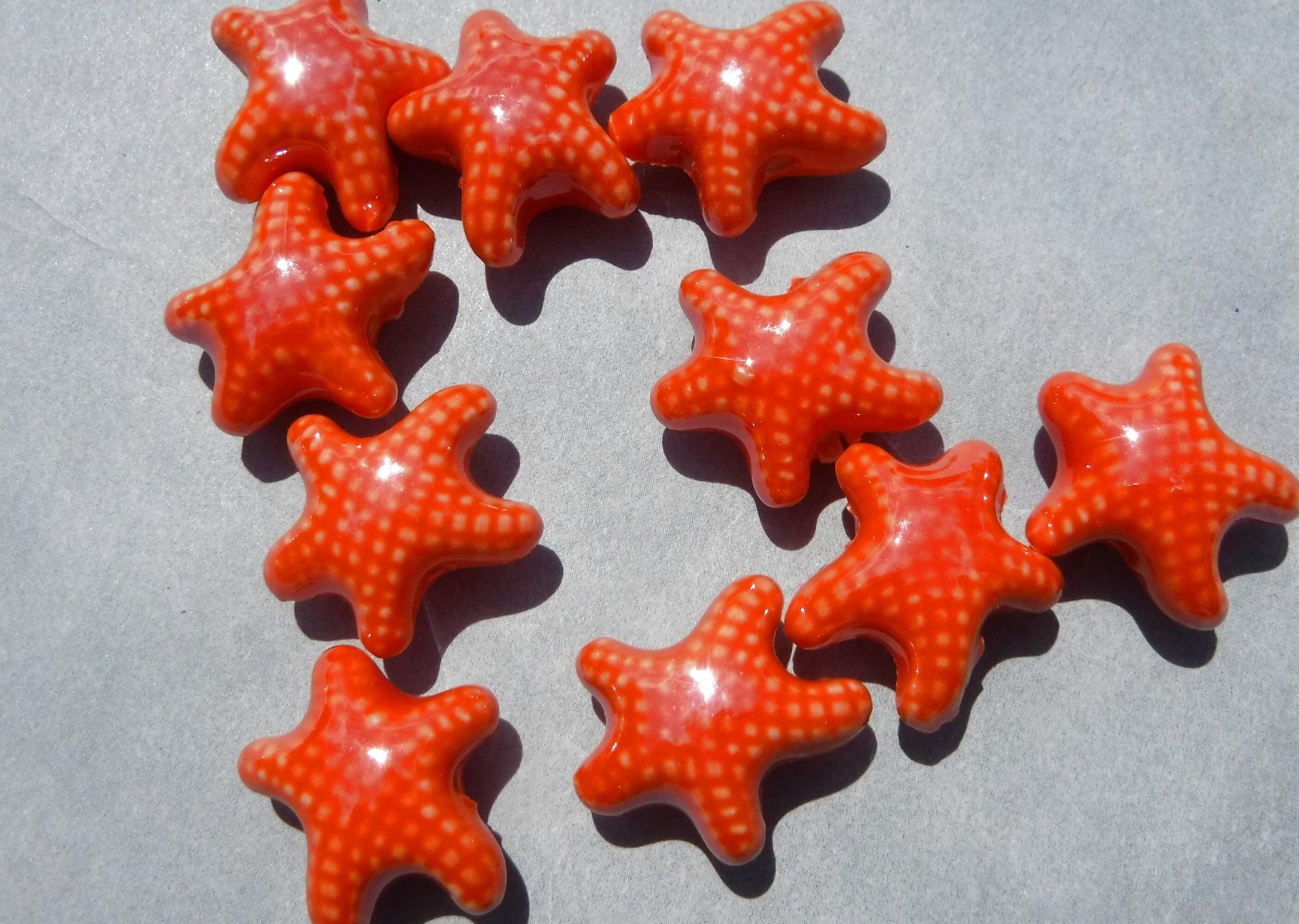 Orange Starfish Beads - Ceramic Mosaic Tiles - 10 Puffy Sea Stars - Jewelry Supplies