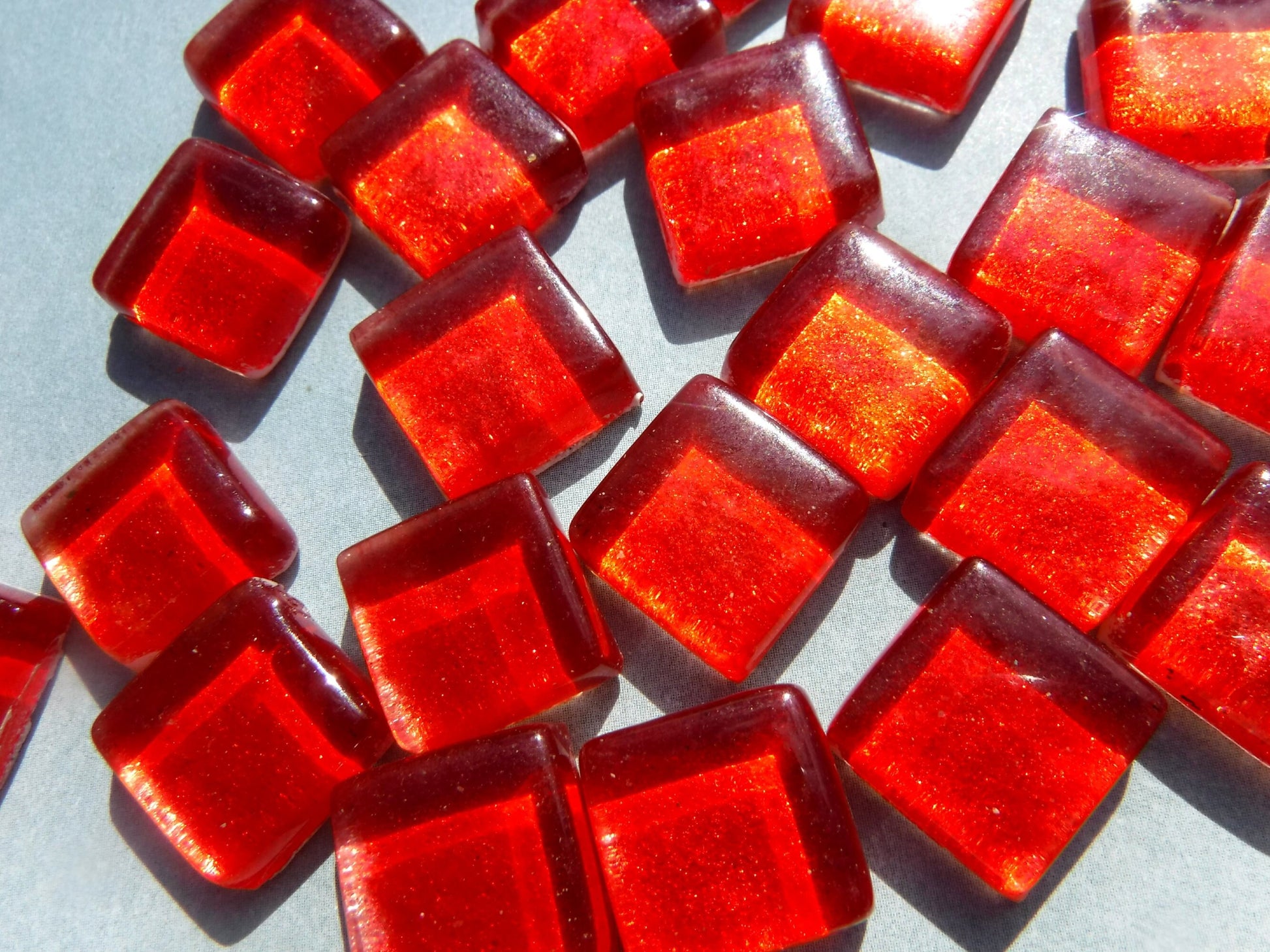Shimmering Red Foil Square Crystal Tiles - 12mm - 50g Metallic Glass Tiles in Fire Engine Red