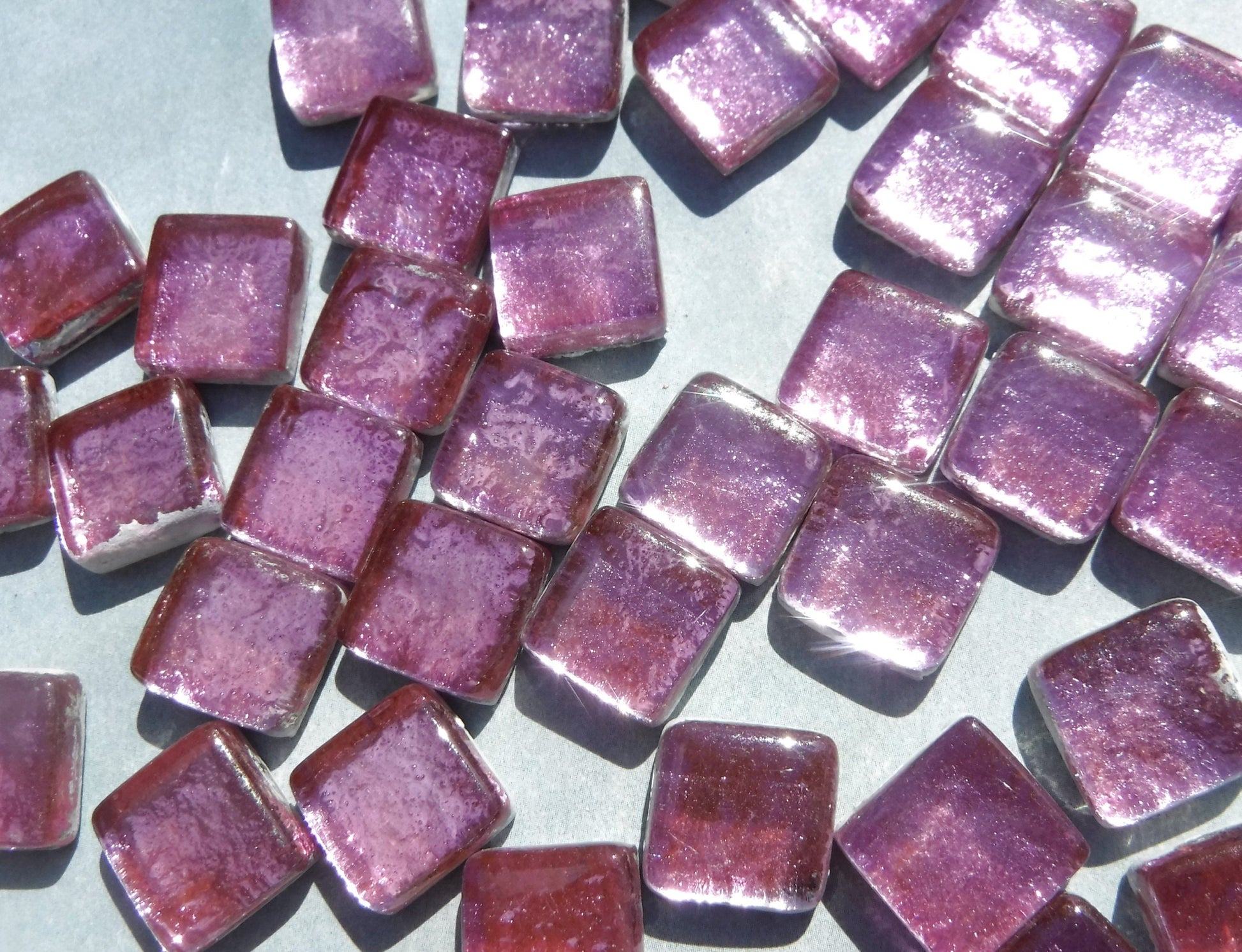 Lotus Pink Foil Square Crystal Tiles - 12mm - 50g - Approx 25 Metallic Glass Mosaic Tiles