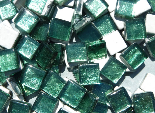 Deep Green Foil Square Crystal Tiles - 12mm - 50g Metallic Glass Tiles in Budding Green