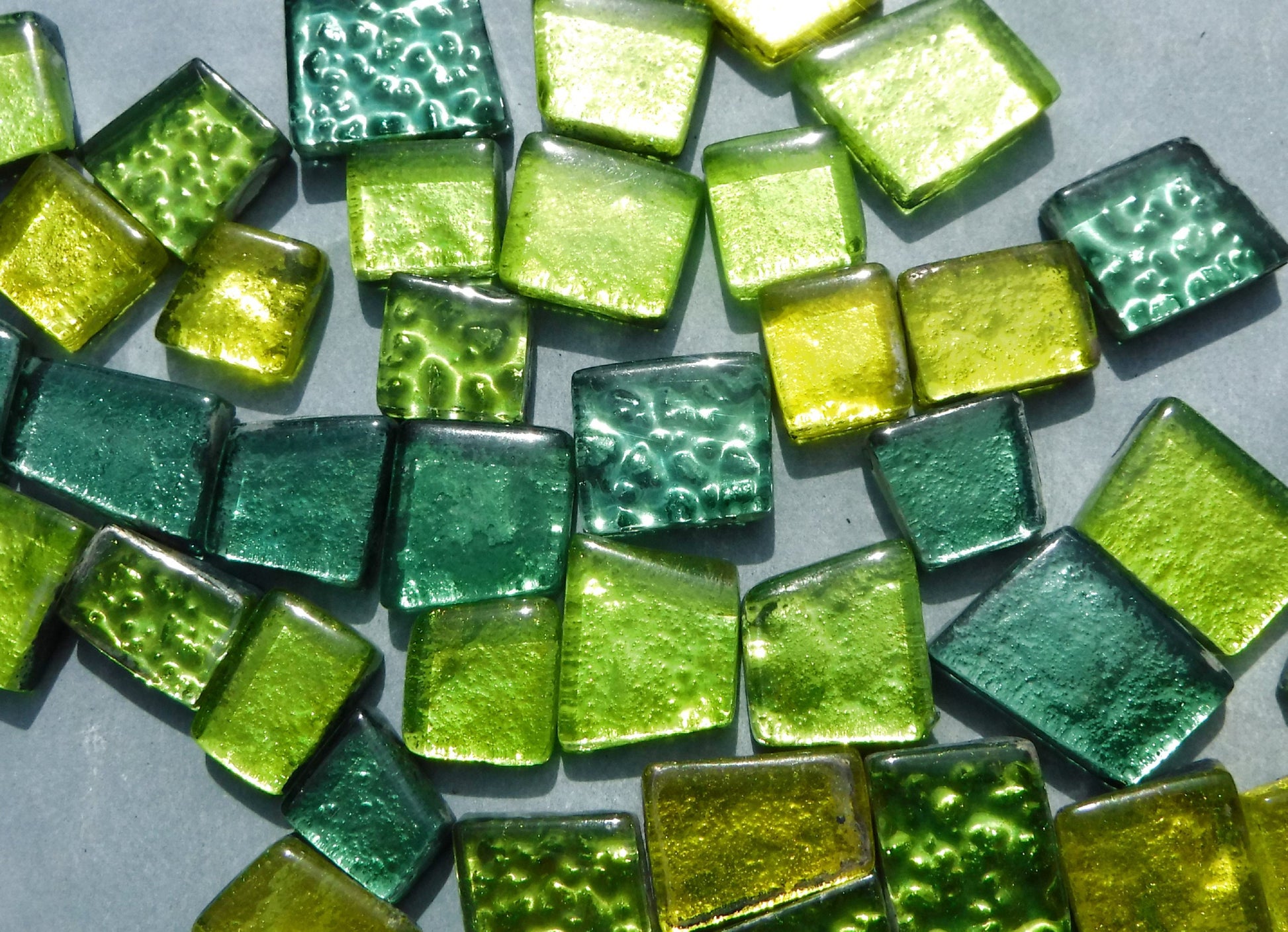 Green and Yellow Glass Tiles - Metallic Foil - Assorted Shapes - 50 grams Mosaic Tiles - Pandora Green