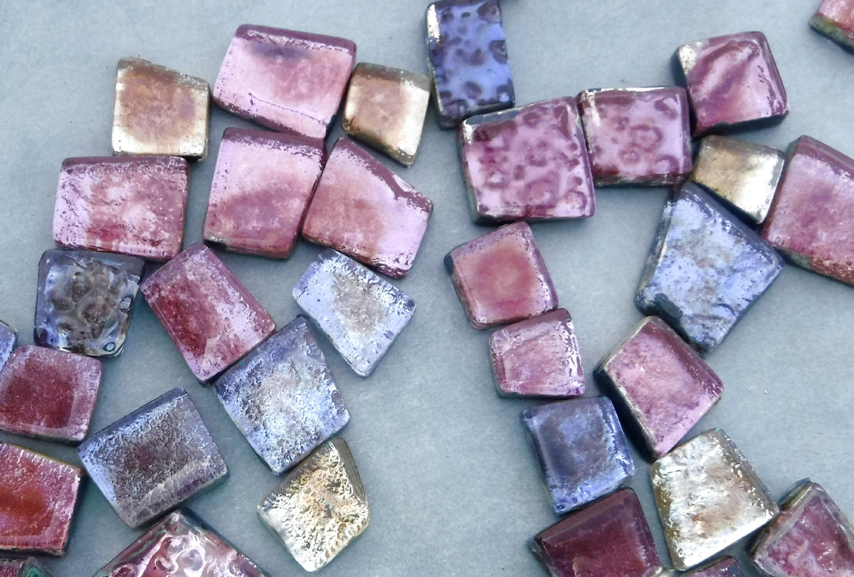 Miranda Rose Glass Tiles - Metallic Foil - Assorted Shapes - 50 grams Mosaic Tiles in Soft Shades of Pink and Purple and Gold