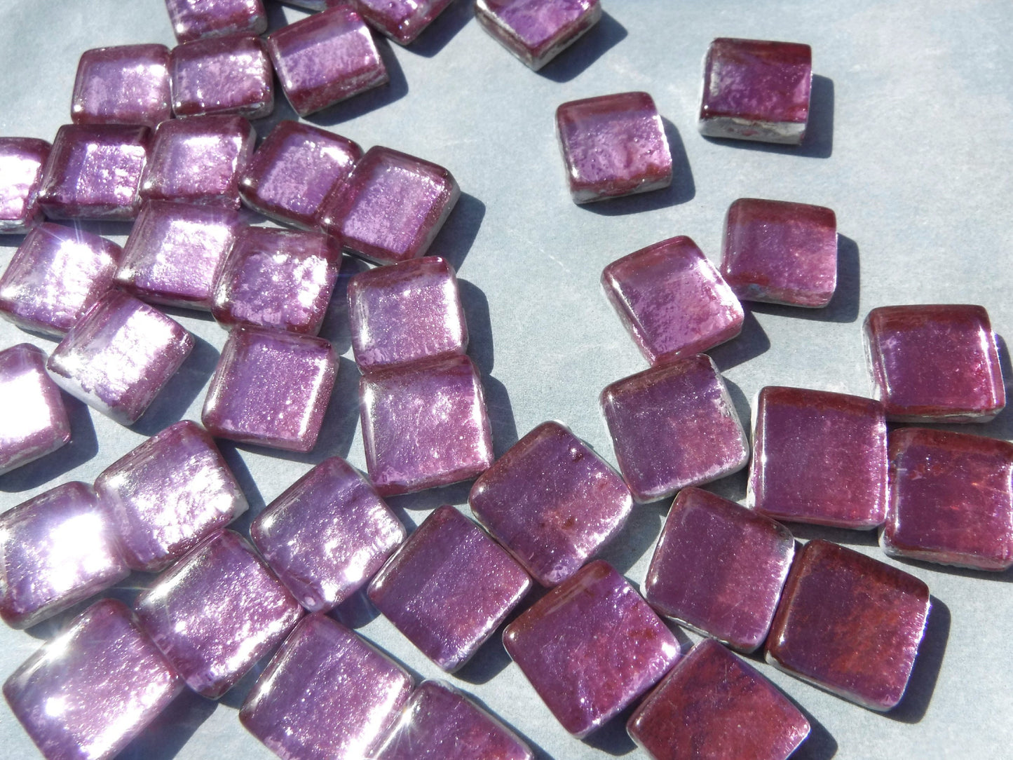 Lotus Pink Foil Square Crystal Tiles - 12mm - 50g - Approx 25 Metallic Glass Mosaic Tiles