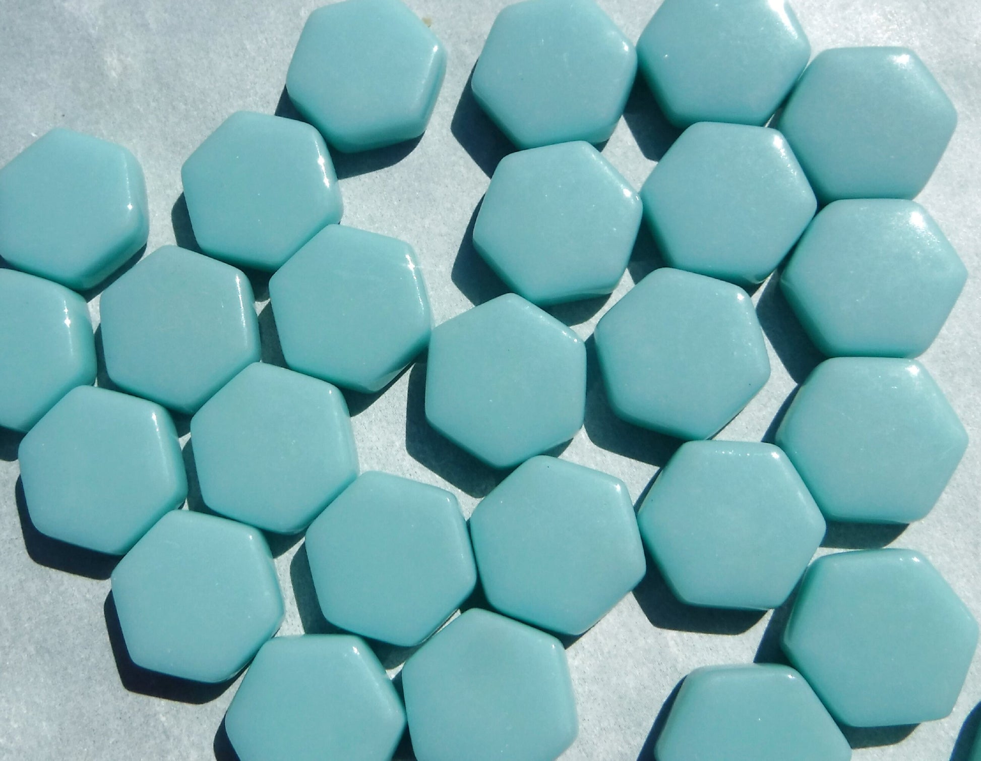 Light Teal Hexagon Mosaic Tiles - 15mm - 100g Opaque Glass - Approx 35 Tiles