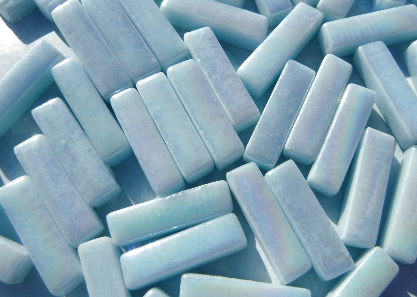 Aqua Blue Iridescent Rectangle Mosaic Glass Tiles - 20mm Sticks - 50g - Approx 40 Bars