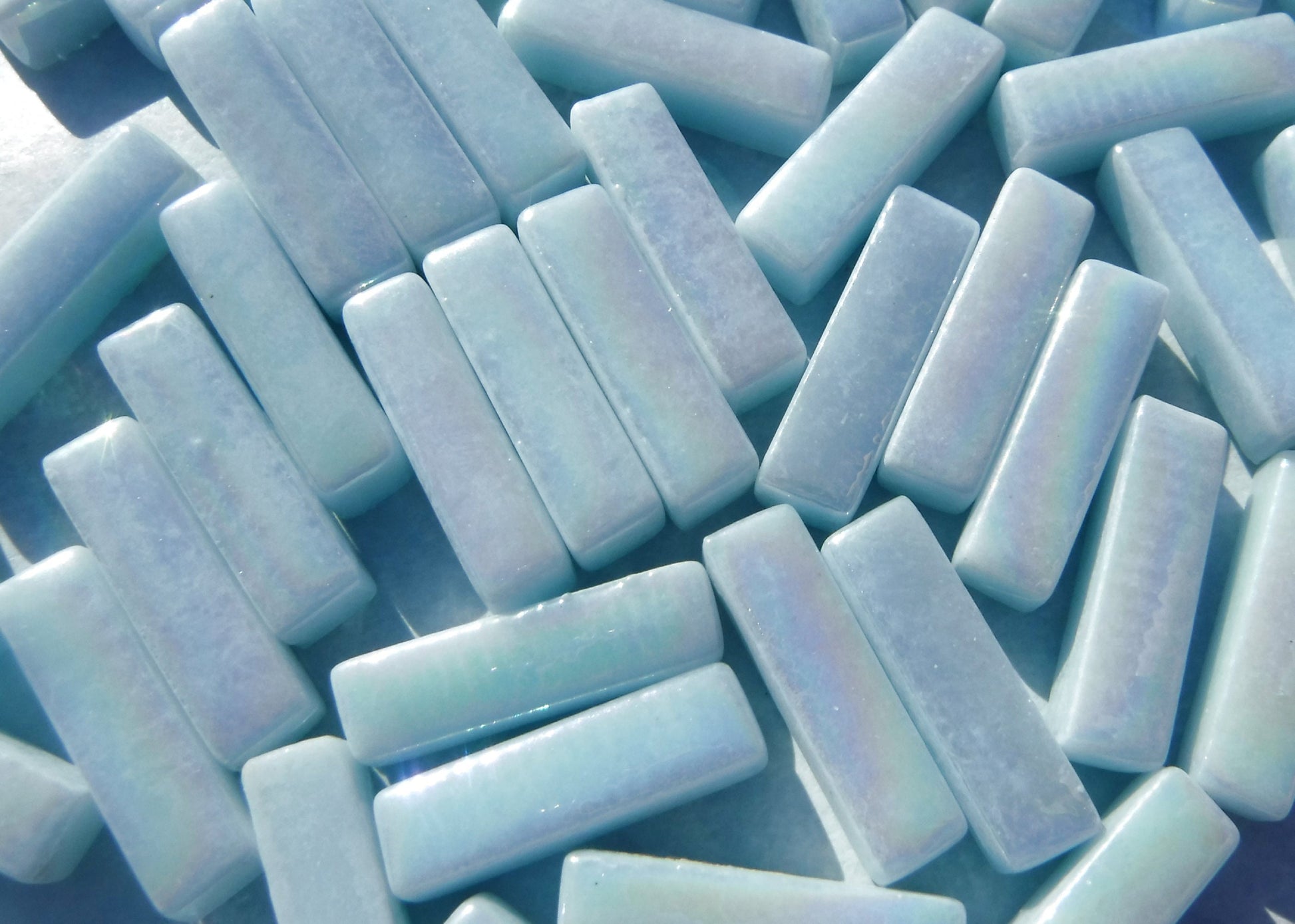 Aqua Blue Iridescent Rectangle Mosaic Glass Tiles - 20mm Sticks - 50g - Approx 40 Bars
