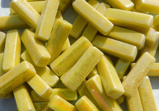 Yellow Iridescent Rectangle Mosaic Tiles - 20mm Sticks - 50g Glass Bar Tiles - Approx 40 Tiles