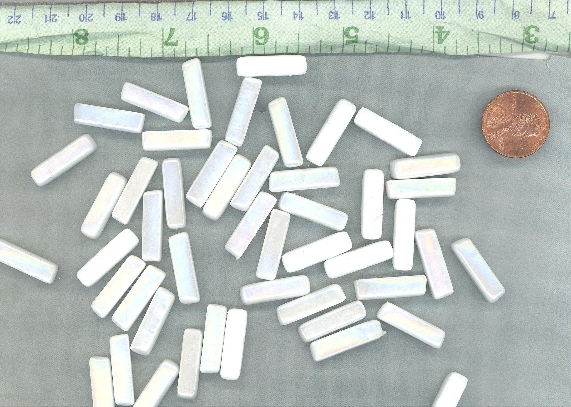 White Iridescent Rectangle Mosaic Tiles - 20mm Sticks - 50g Glass Bar Tiles - Approx 40 Tiles