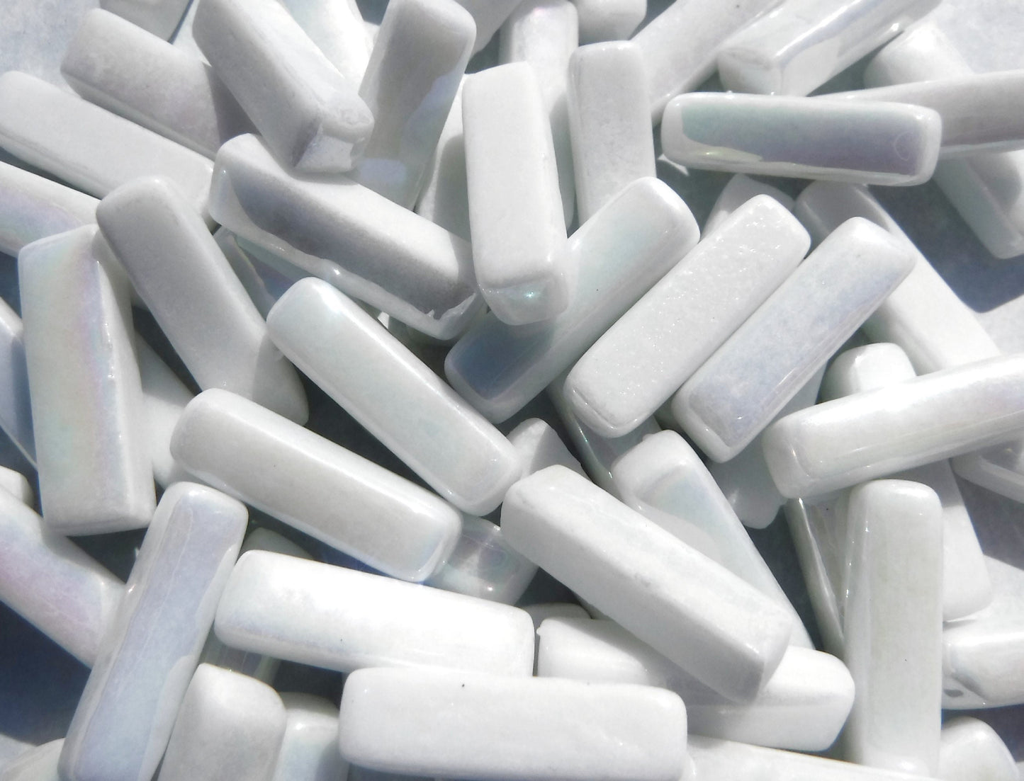 White Iridescent Rectangle Mosaic Tiles - 20mm Sticks - 50g Glass Bar Tiles - Approx 40 Tiles