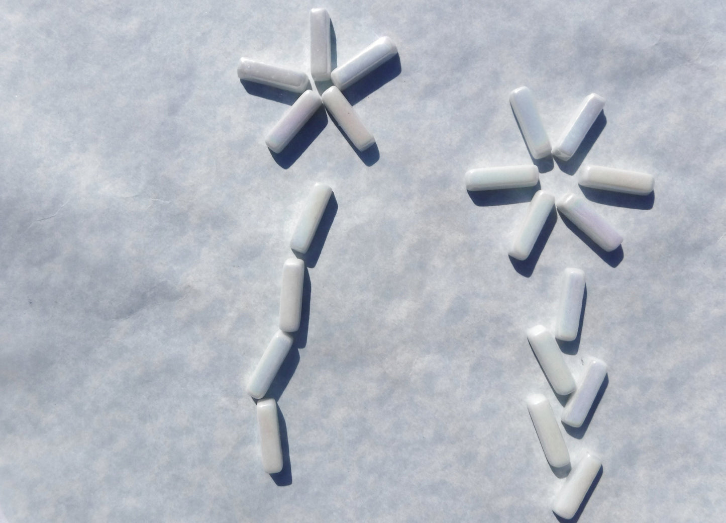 White Iridescent Rectangle Mosaic Tiles - 20mm Sticks - 50g Glass Bar Tiles - Approx 40 Tiles