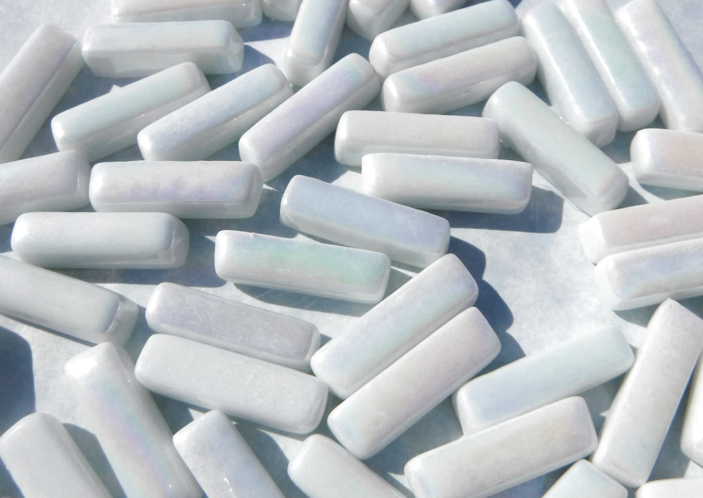 White Iridescent Rectangle Mosaic Tiles - 20mm Sticks - 50g Glass Bar Tiles - Approx 40 Tiles