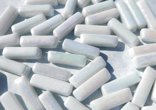 White Iridescent Rectangle Mosaic Tiles - 20mm Sticks - 50g Glass Bar Tiles - Approx 40 Tiles