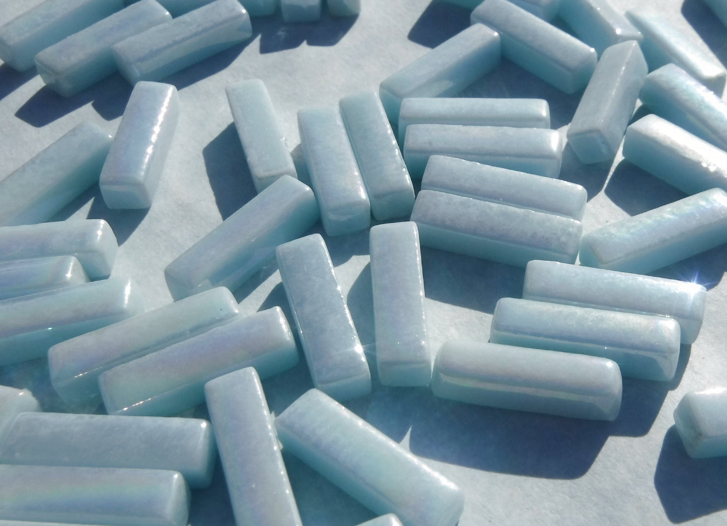 Aqua Blue Iridescent Rectangle Mosaic Glass Tiles - 20mm Sticks - 50g - Approx 40 Bars
