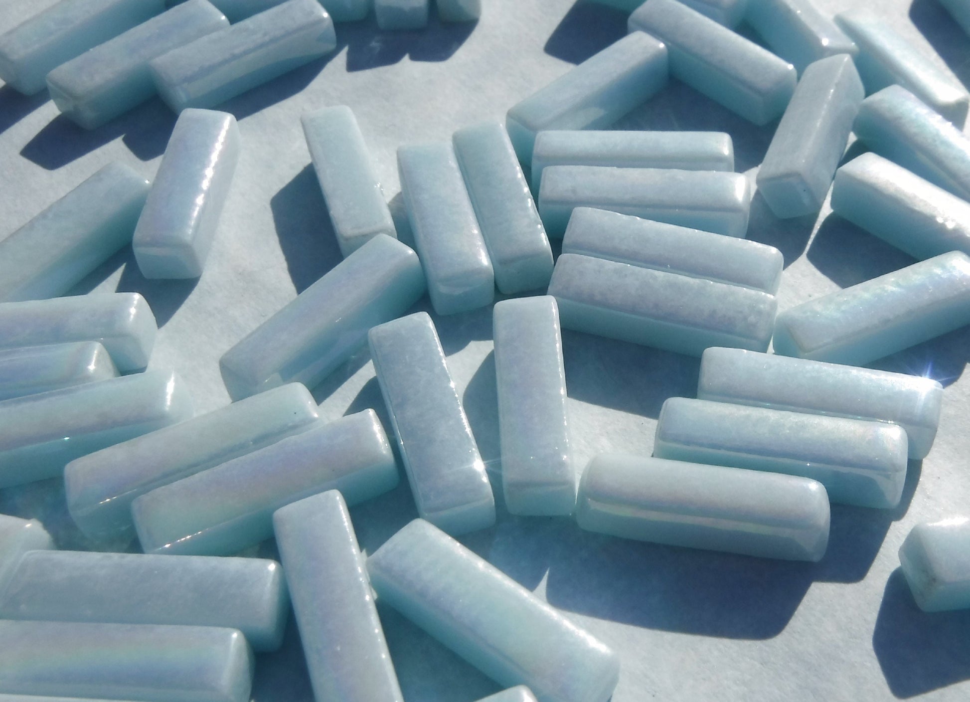 Aqua Blue Iridescent Rectangle Mosaic Glass Tiles - 20mm Sticks - 50g - Approx 40 Bars