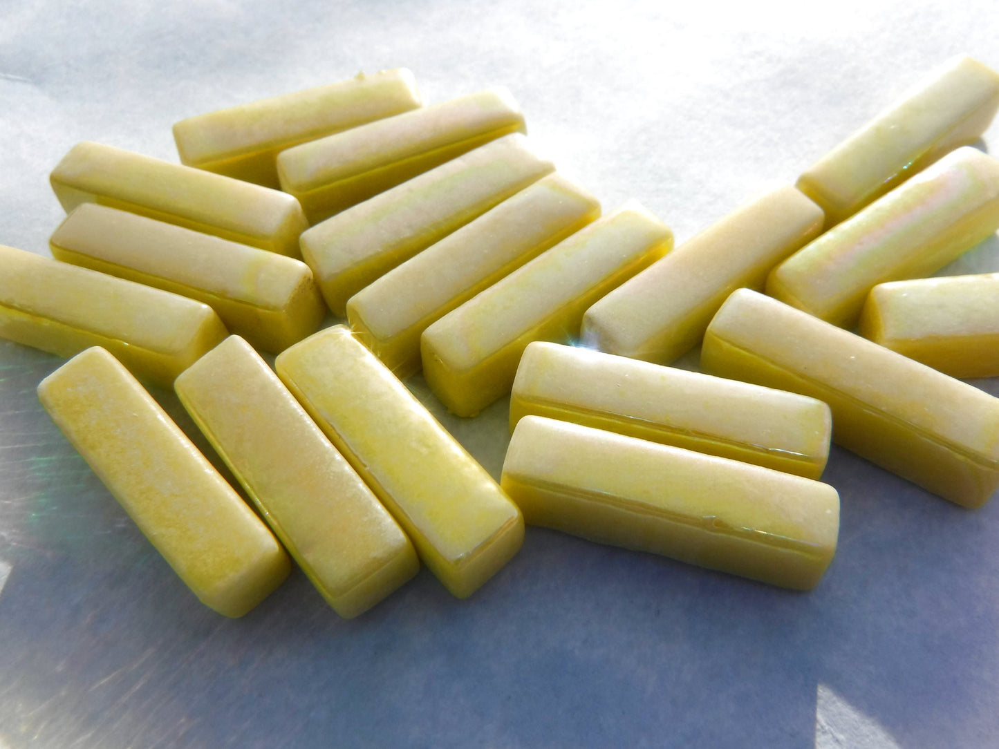 Yellow Iridescent Rectangle Mosaic Tiles - 20mm Sticks - 50g Glass Bar Tiles - Approx 40 Tiles