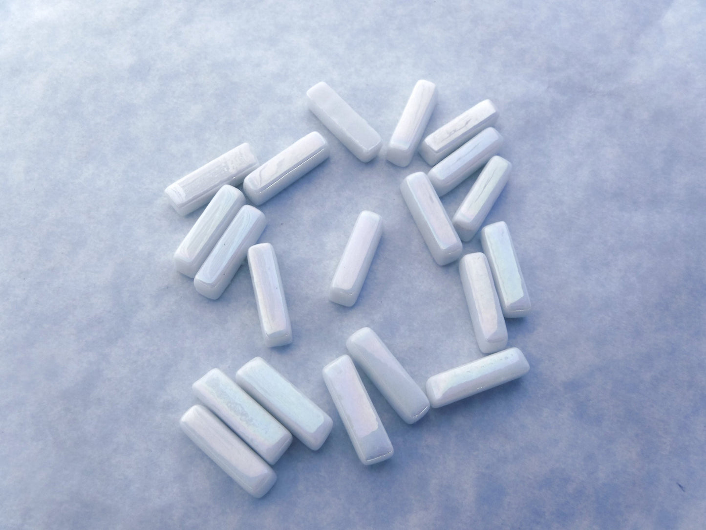 White Iridescent Rectangle Mosaic Tiles - 20mm Sticks - 50g Glass Bar Tiles - Approx 40 Tiles