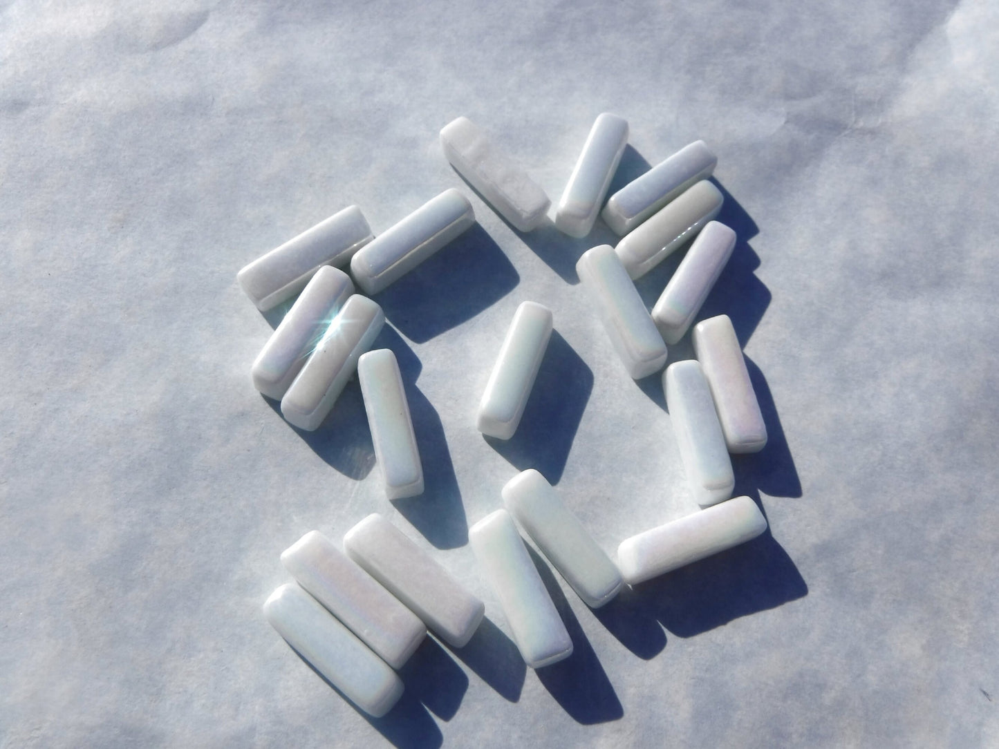 White Iridescent Rectangle Mosaic Tiles - 20mm Sticks - 50g Glass Bar Tiles - Approx 40 Tiles