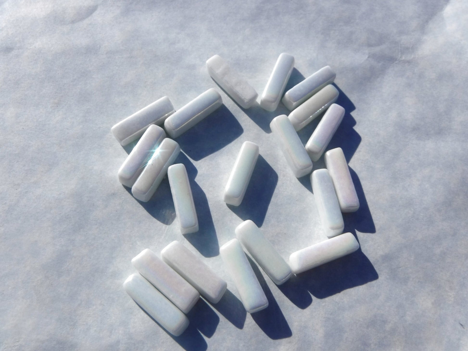 White Iridescent Rectangle Mosaic Tiles - 20mm Sticks - 50g Glass Bar Tiles - Approx 40 Tiles