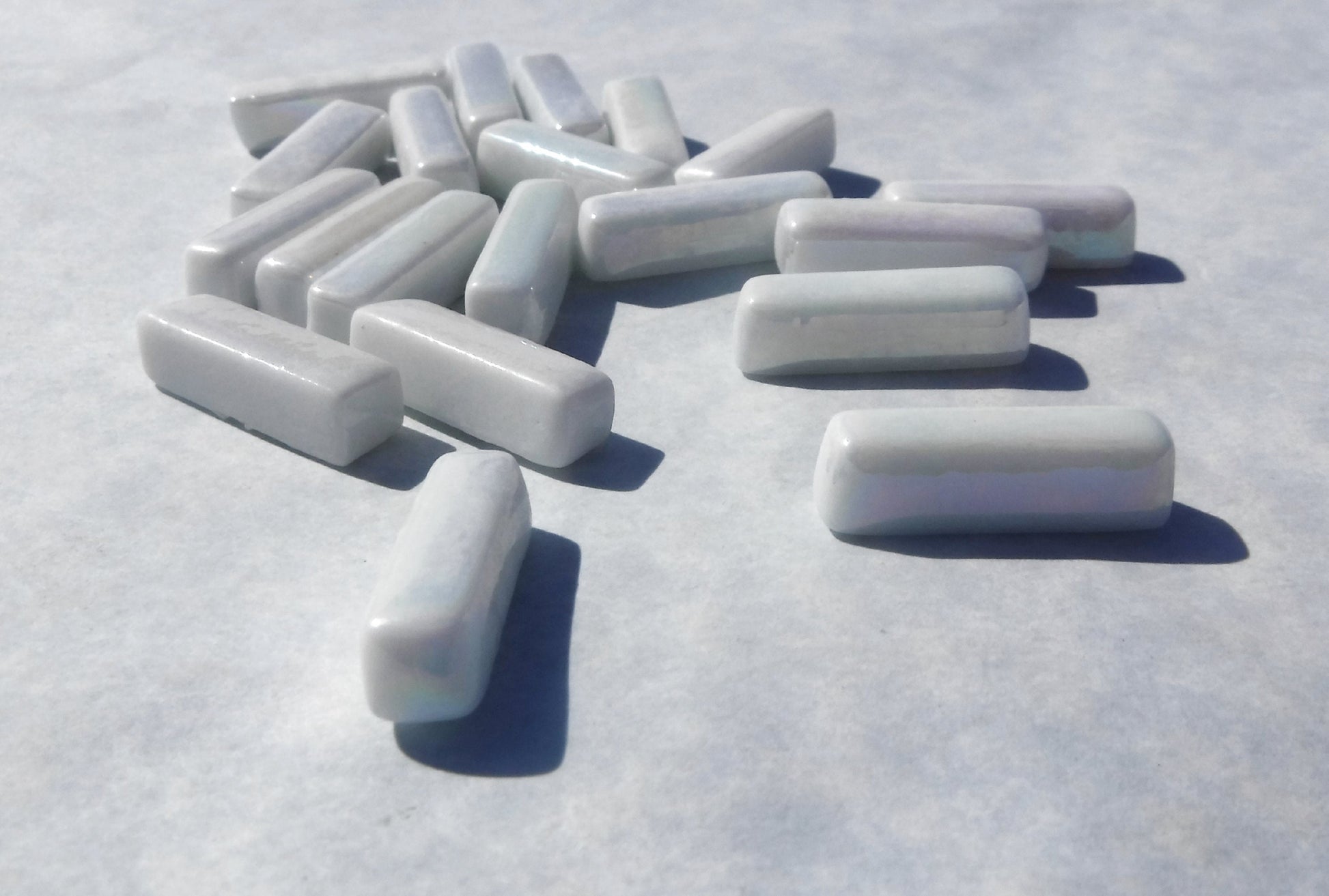 White Iridescent Rectangle Mosaic Tiles - 20mm Sticks - 50g Glass Bar Tiles - Approx 40 Tiles
