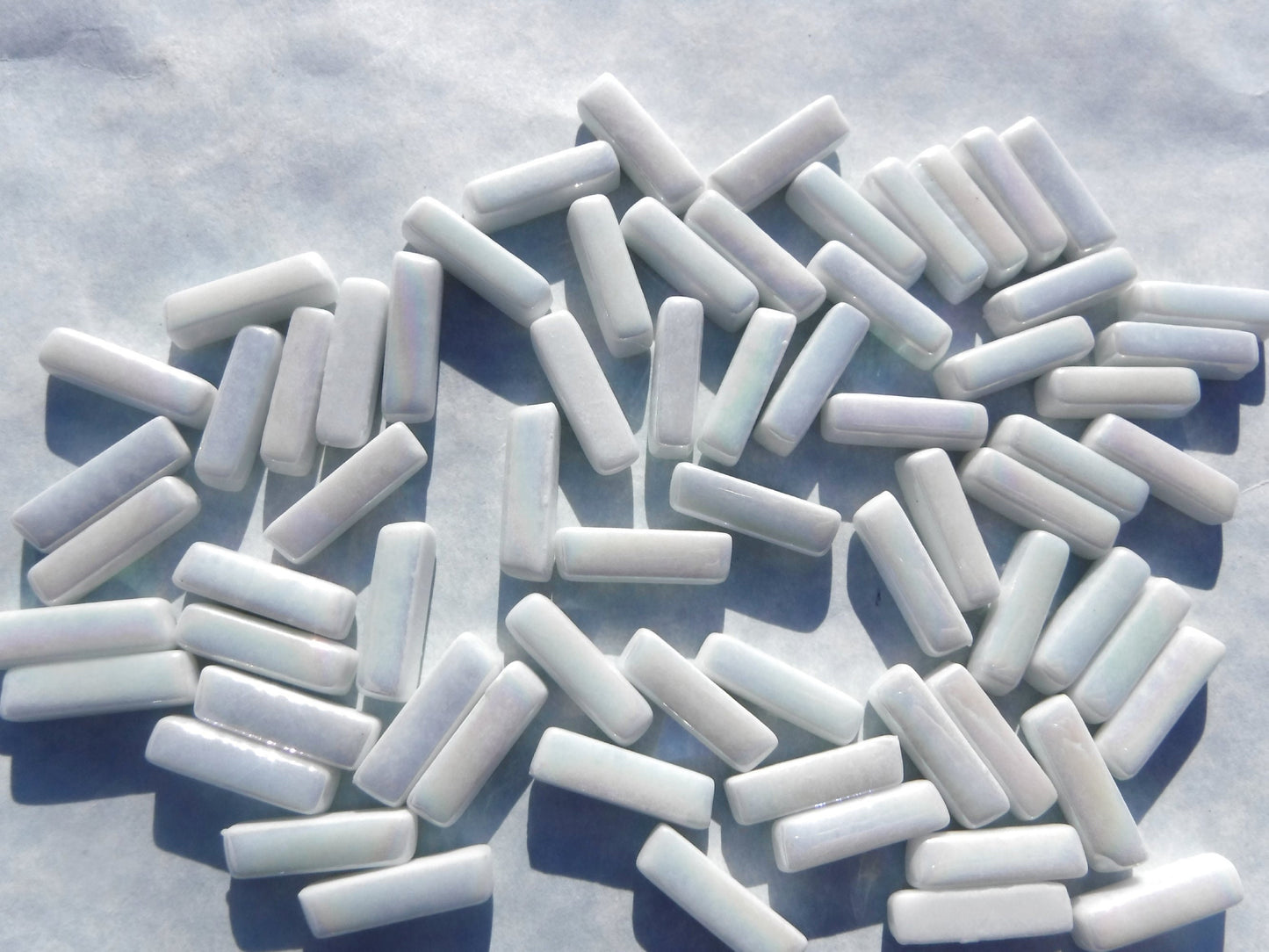 White Iridescent Rectangle Mosaic Tiles - 20mm Sticks - 50g Glass Bar Tiles - Approx 40 Tiles