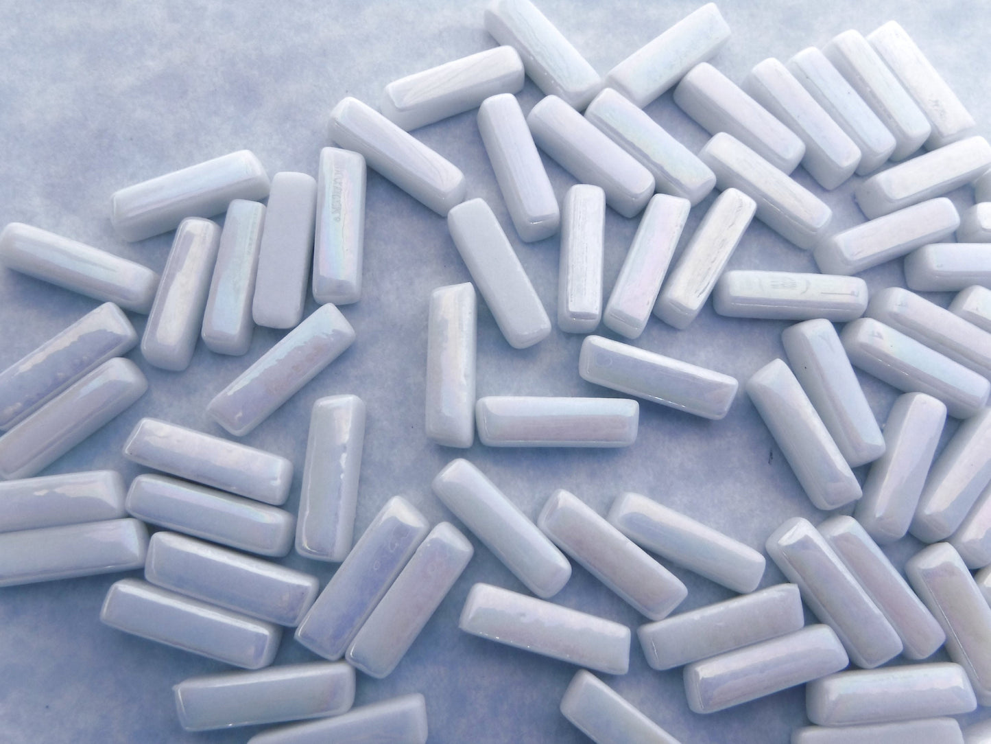 White Iridescent Rectangle Mosaic Tiles - 20mm Sticks - 50g Glass Bar Tiles - Approx 40 Tiles