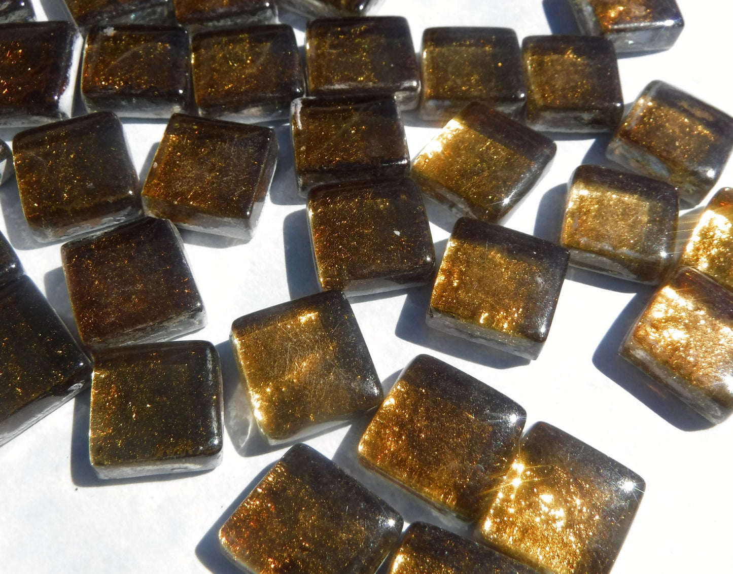 Warm Brass Metallic Foil Glass Tiles - 12mm - 50g - Approx 25 Dark Gold Squares