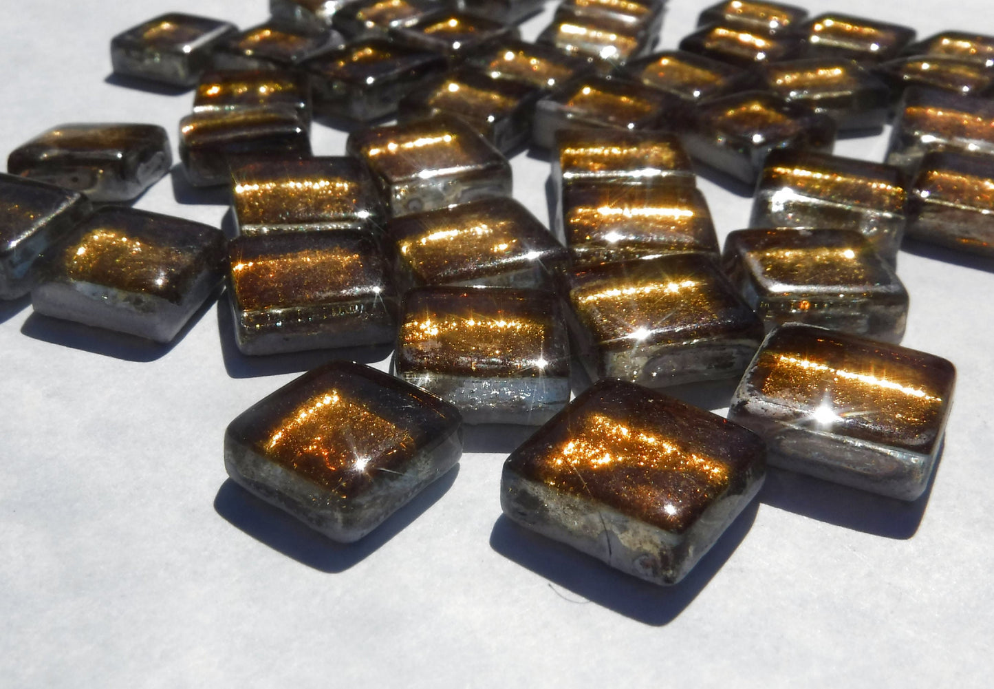 Warm Brass Metallic Foil Glass Tiles - 12mm - 50g - Approx 25 Dark Gold Squares