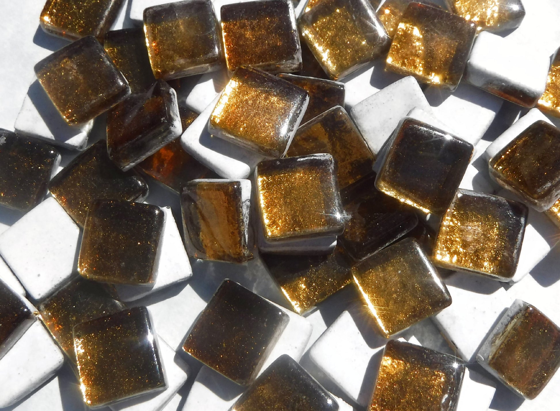 Warm Brass Metallic Foil Glass Tiles - 12mm - 50g - Approx 25 Dark Gold Squares