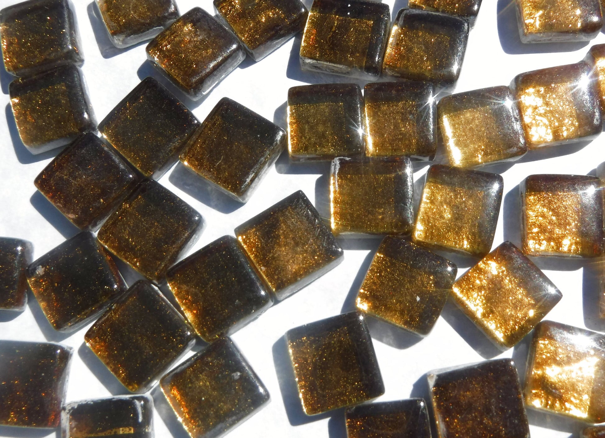 Warm Brass Metallic Foil Glass Tiles - 12mm - 50g - Approx 25 Dark Gold Squares
