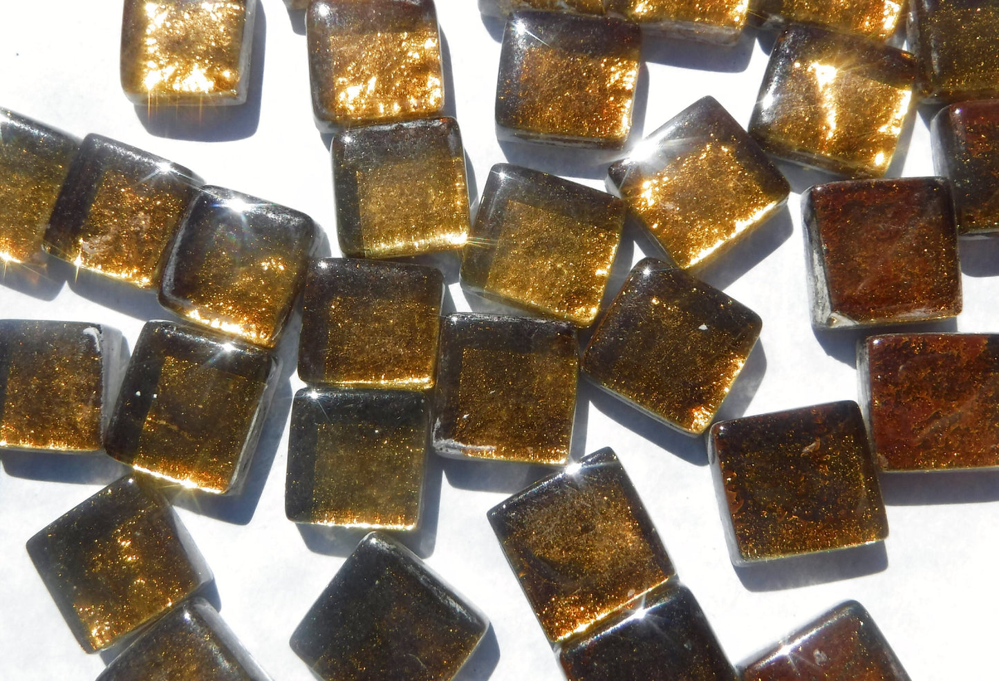 Warm Brass Metallic Foil Glass Tiles - 12mm - 50g - Approx 25 Dark Gold Squares