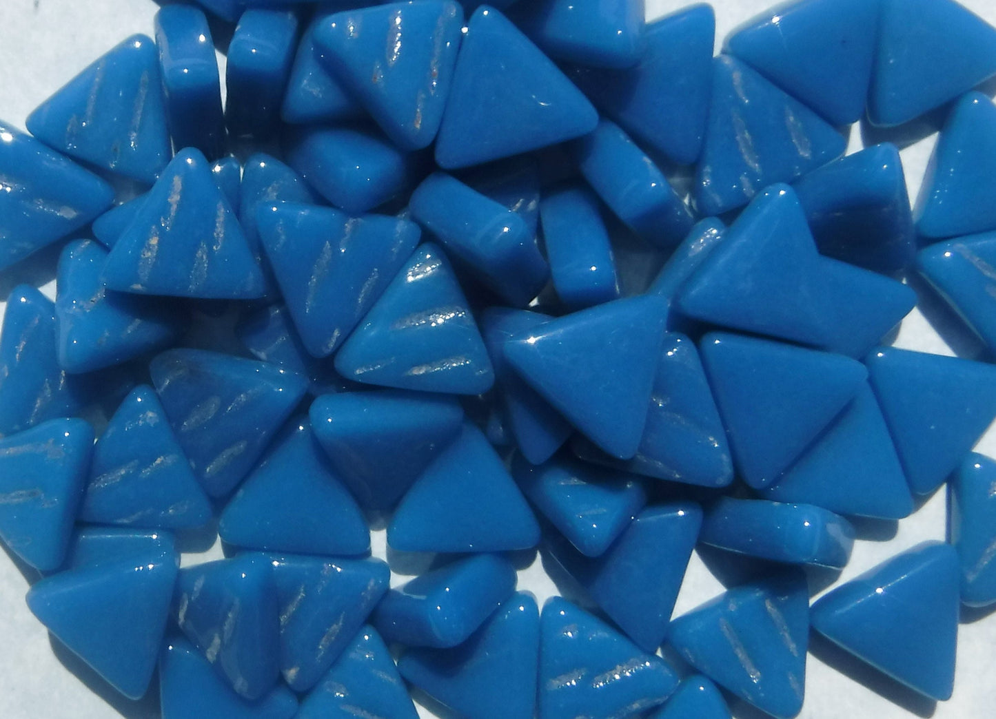 Dark Lake Blue Triangle Glass Mosaic Tiles - 10mm - Opaque Glass Solid Color - 50g of Triangles - Approx 70 Tiles