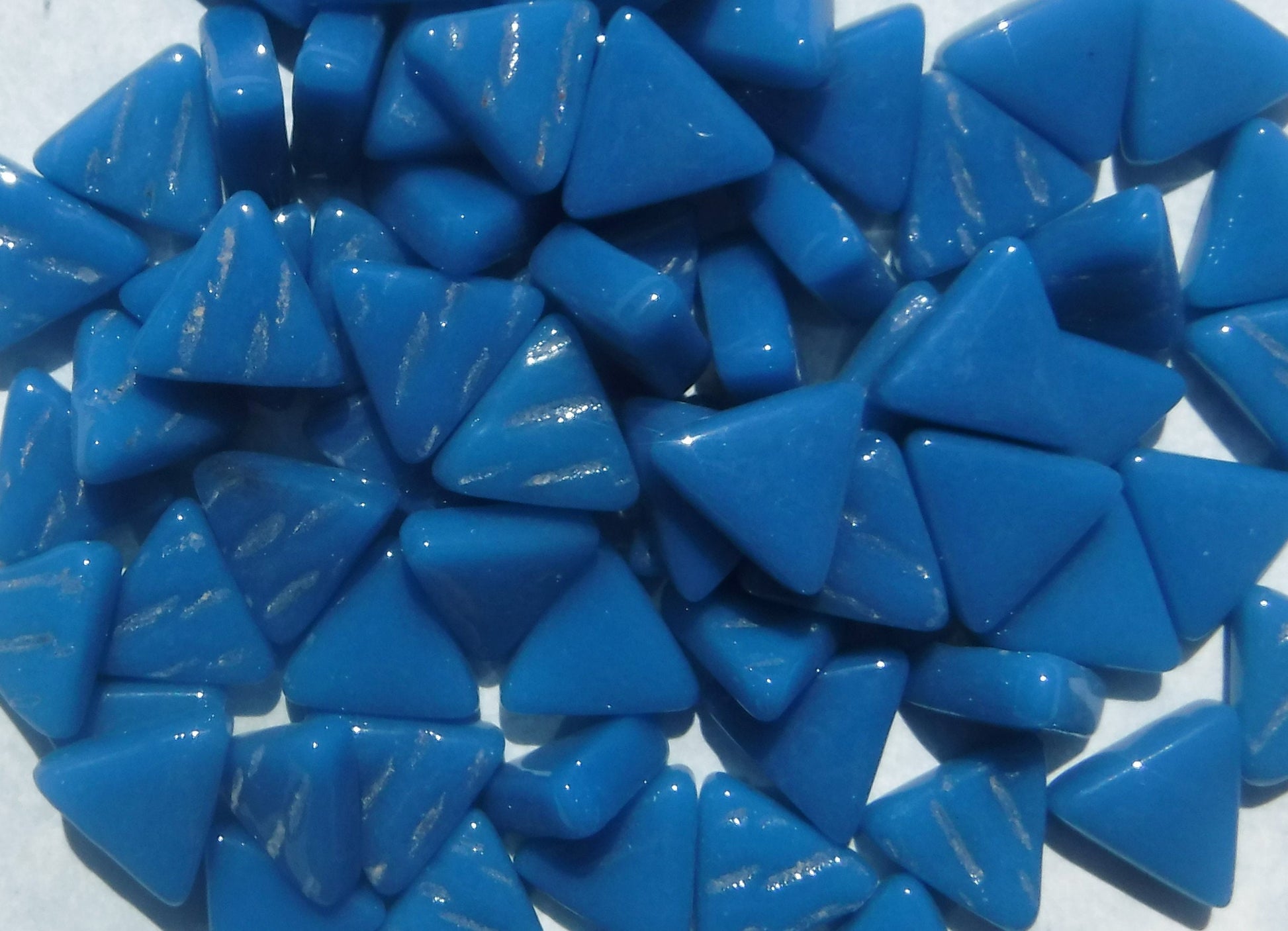 Dark Lake Blue Triangle Glass Mosaic Tiles - 10mm - Opaque Glass Solid Color - 50g of Triangles - Approx 70 Tiles