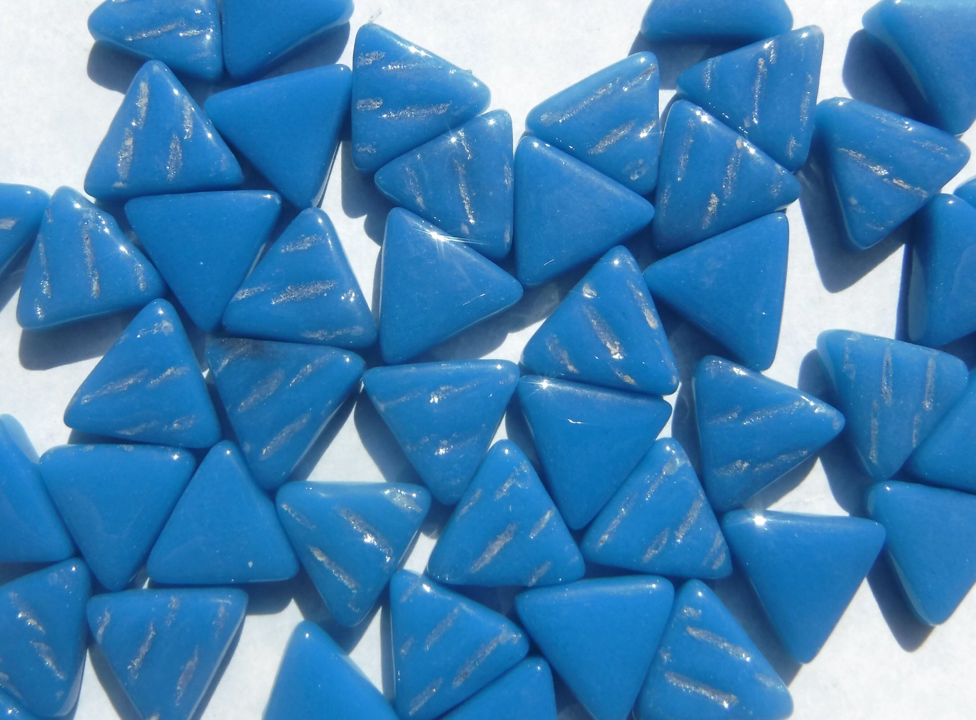 Dark Lake Blue Triangle Glass Mosaic Tiles - 10mm - Opaque Glass Solid Color - 50g of Triangles - Approx 70 Tiles
