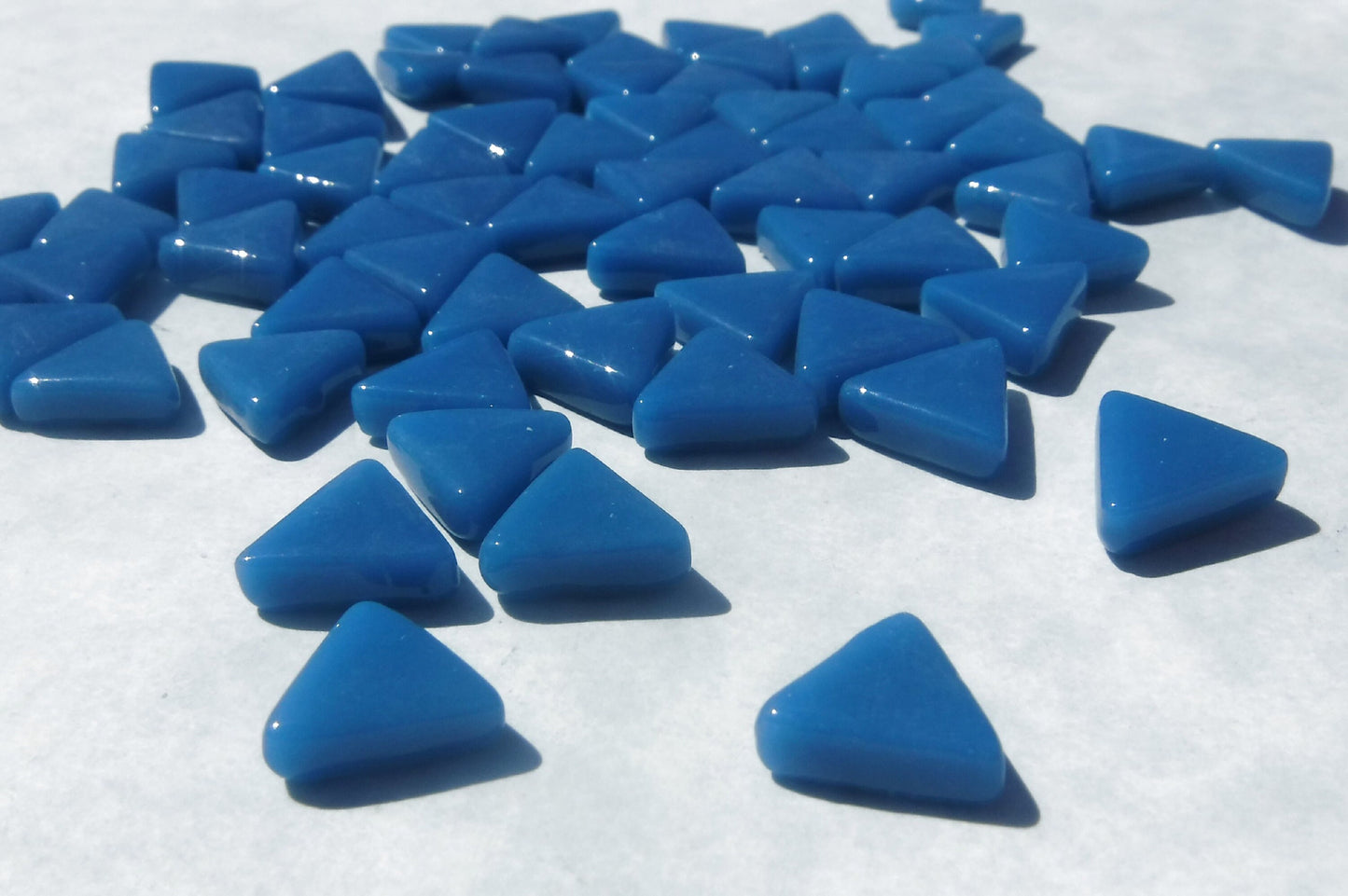 Dark Lake Blue Triangle Glass Mosaic Tiles - 10mm - Opaque Glass Solid Color - 50g of Triangles - Approx 70 Tiles