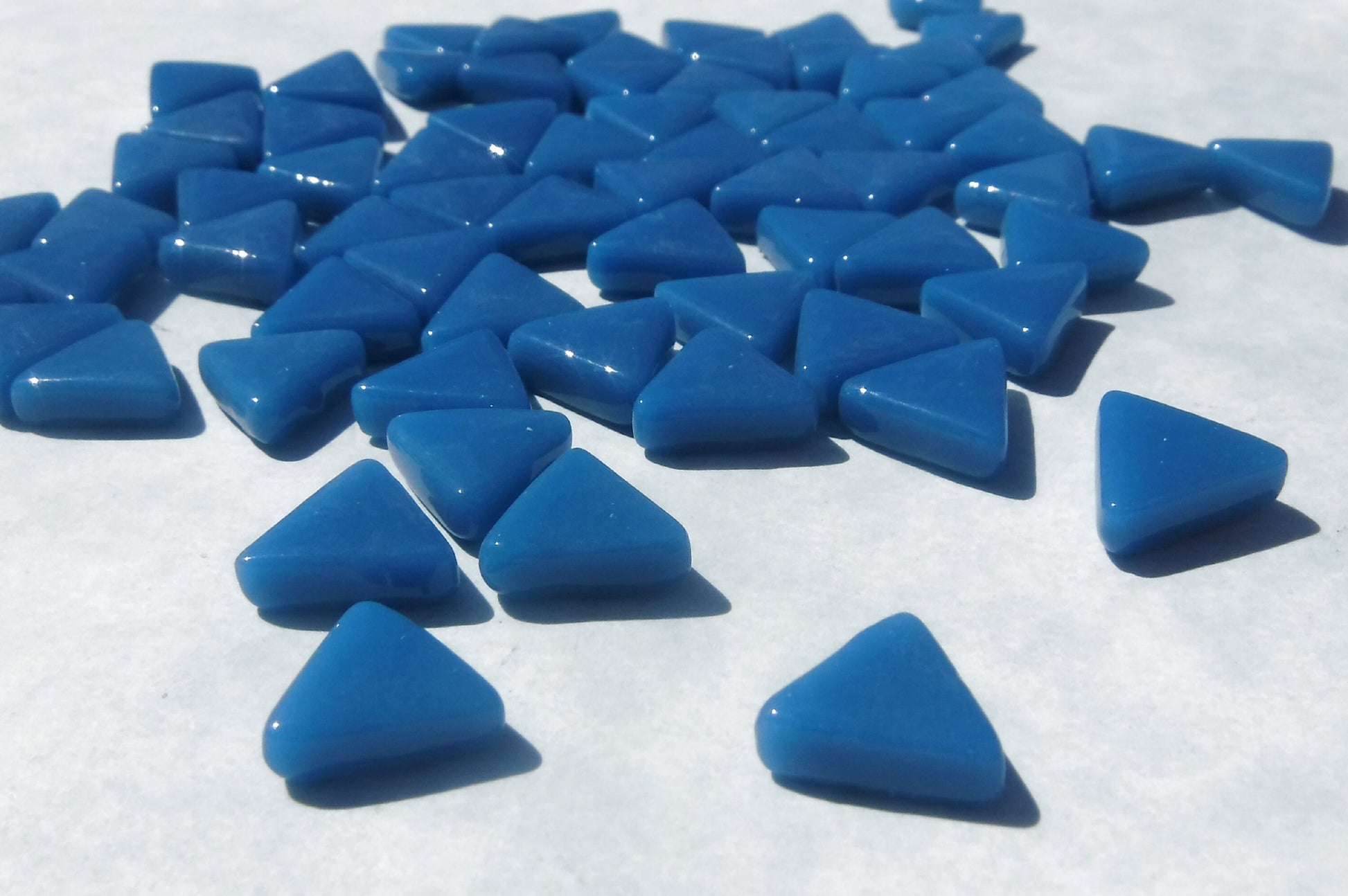 Dark Lake Blue Triangle Glass Mosaic Tiles - 10mm - Opaque Glass Solid Color - 50g of Triangles - Approx 70 Tiles