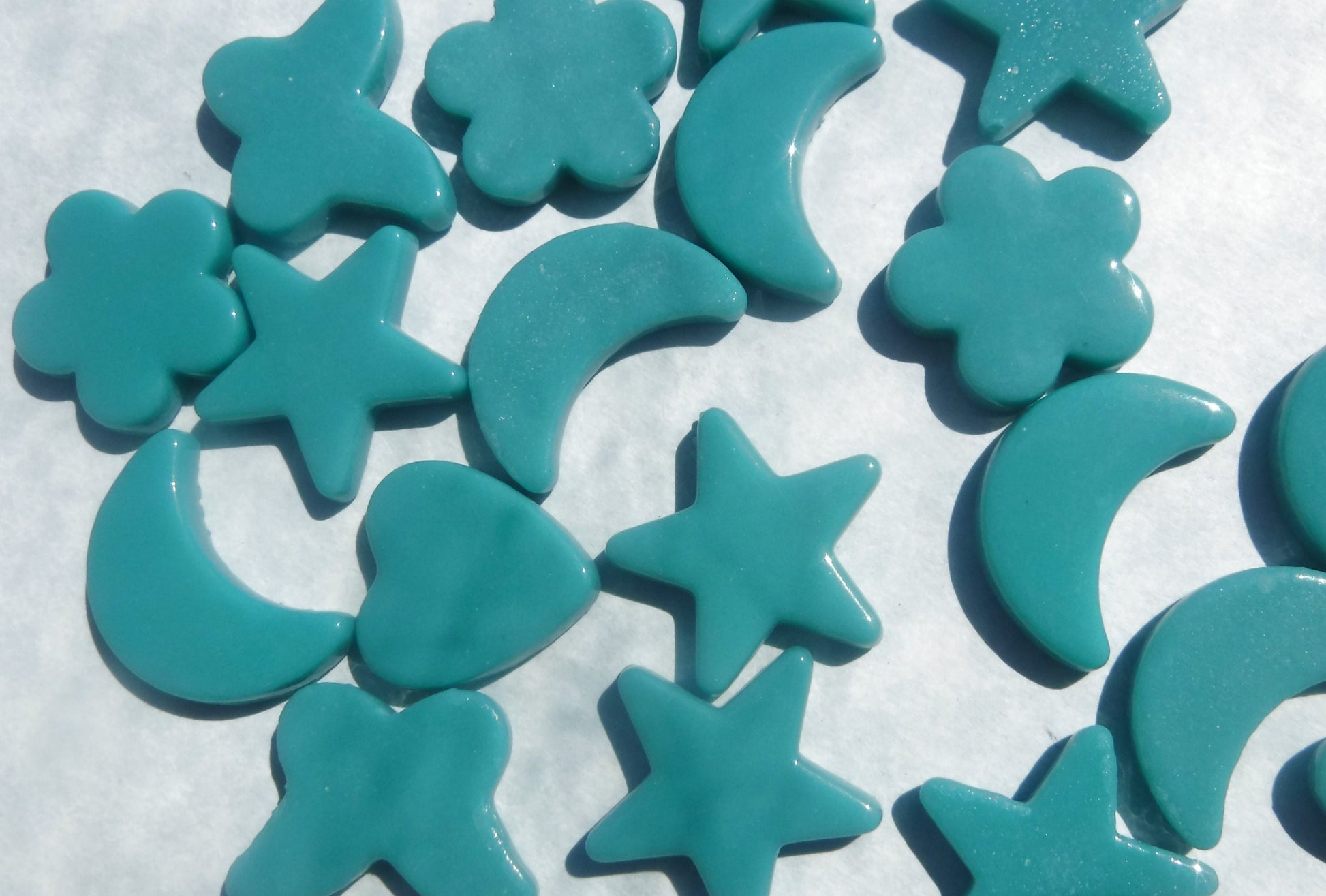 Teal Glass Shapes - Stars Flowers Butterflies Hearts and Moons - Opaque Charms - 50g