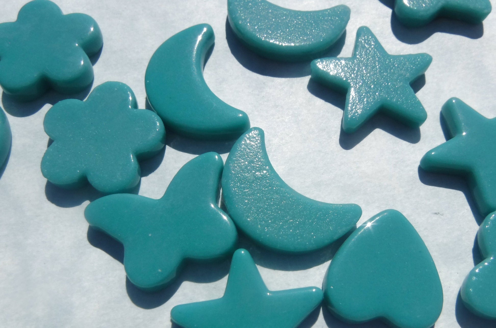 Teal Glass Shapes - Stars Flowers Butterflies Hearts and Moons - Opaque Charms - 50g
