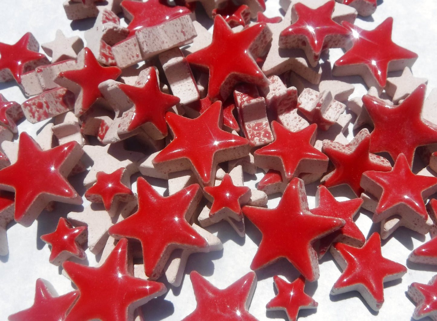 Red Stars Mosaic Tiles - 50g Ceramic in Mix of 3 Sizes - 20mm, 15mm, 10mm - Poppy Red