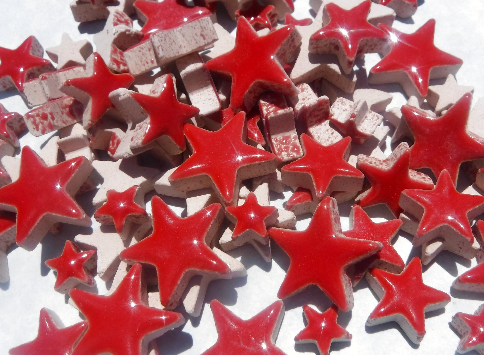 Red Stars Mosaic Tiles - 50g Ceramic in Mix of 3 Sizes - 20mm, 15mm, 10mm - Poppy Red