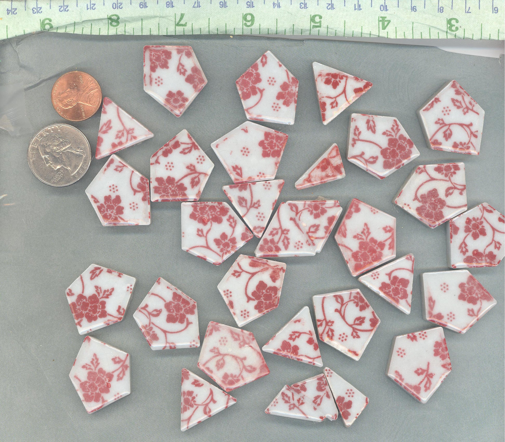 Red and White Dainty Flowers - Chunky Mosaic Porcelain Tiles - Half Pound