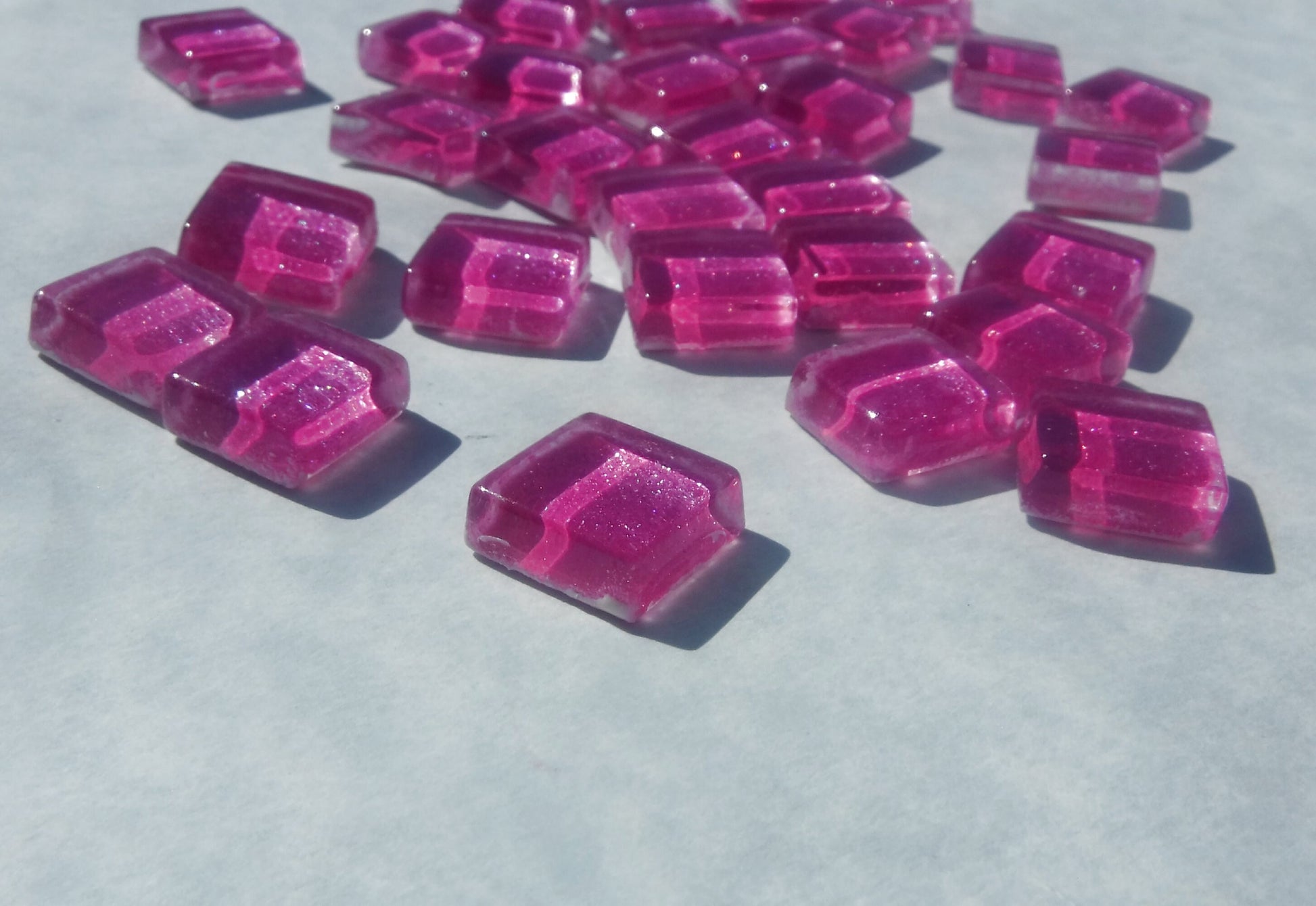 Hot Pink Foil Square Crystal Tiles - 12mm - 50g Metallic Glass Tiles in Deep Cotton Candy Pink - Approx 25 Tiles