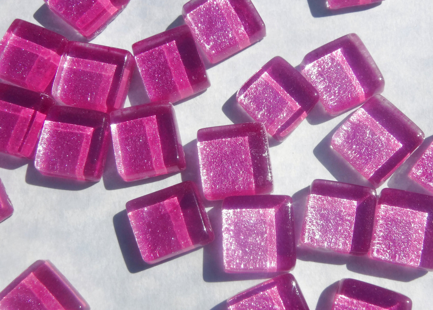 Hot Pink Foil Square Crystal Tiles - 12mm - 50g Metallic Glass Tiles in Deep Cotton Candy Pink - Approx 25 Tiles